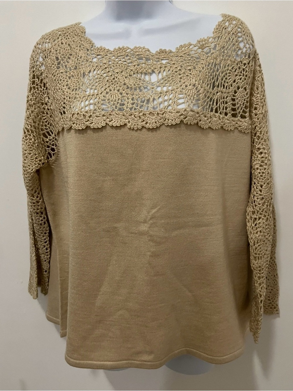 Dolce Cabo Tan Crochet Yoke Knit Top NWT